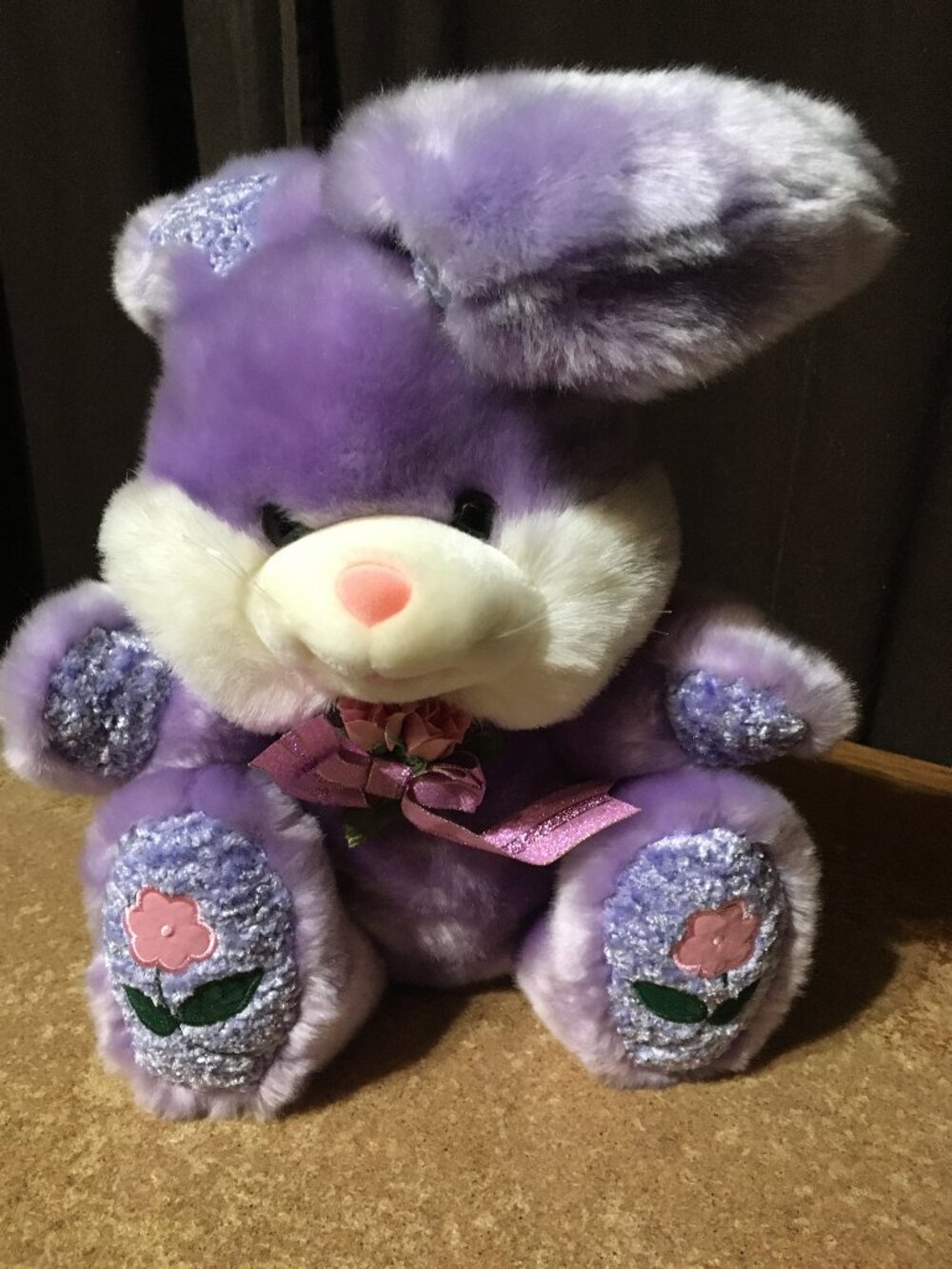 SKM BUNNY RABBIT PLUSH PURPLE EMBROIDERED FLOWER FEET FLOWERS BOW